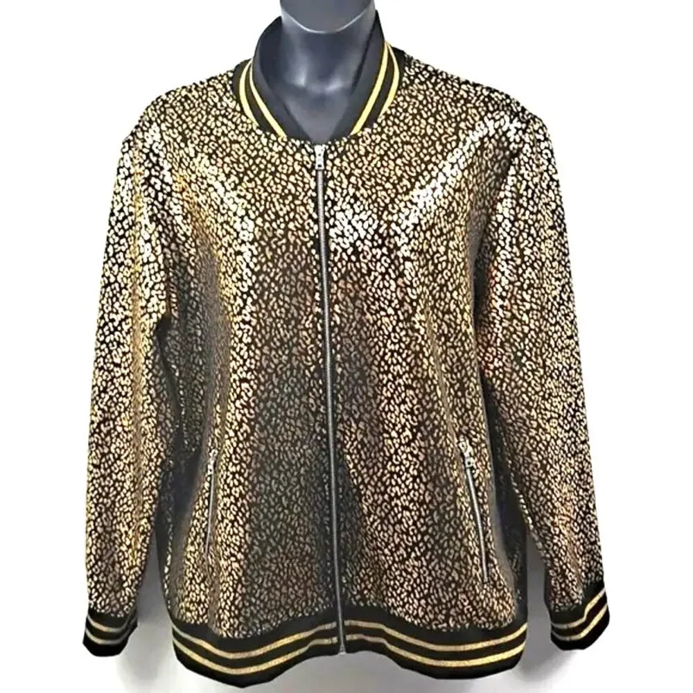 INC Black Gold Leopard Print Bomber Jacket XXL Mens Oversized Streetwear EUC